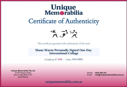 Certificate of Authenticity for Shane Warne Personally Signed One-Day International Collage, from Unique Memorabilia. 