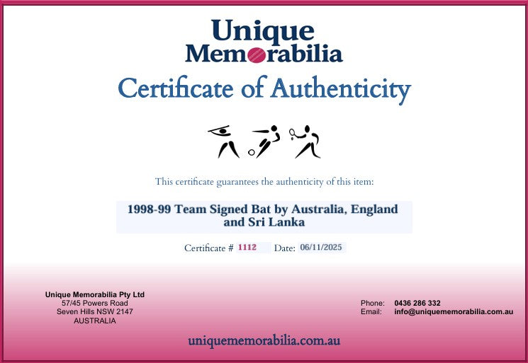 Load image into Gallery viewer, Certificate of Authenticity for 1998-99 Team Signed Bat by Australia, England and Sri Lanka, from Unique Memorabilia. 
