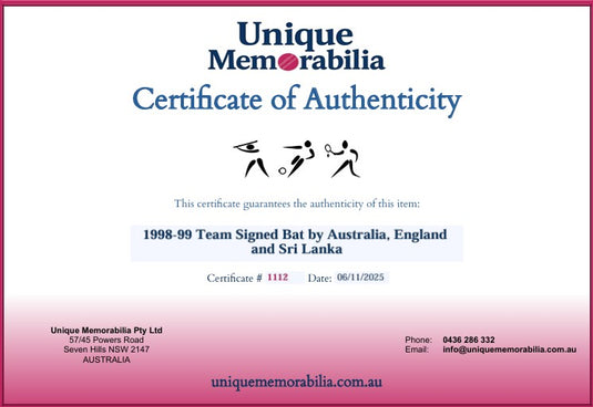 Certificate of Authenticity for 1998-99 Team Signed Bat by Australia, England and Sri Lanka, from Unique Memorabilia. 