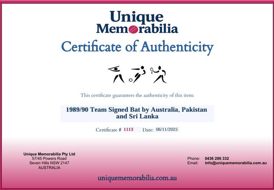 Certificate of Authenticity for 1989/90 Team Signed Bat by Australia, Pakistan and Sri Lanka, from Unique Memorabilia. 