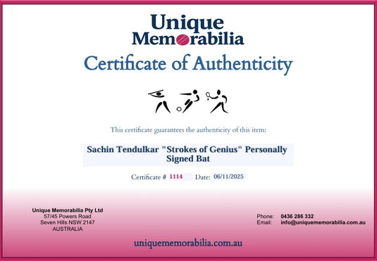 Certificate of Authenticity for Sachin Tendulkar "Strokes of Genius" Personally Signed Bat, from Unique Memorabilia. 