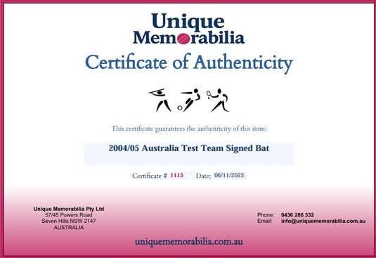 Certificate of Authenticity for 2004/05 Australia Test Team Signed Bat, Framed. From Unique Memorabilia. 