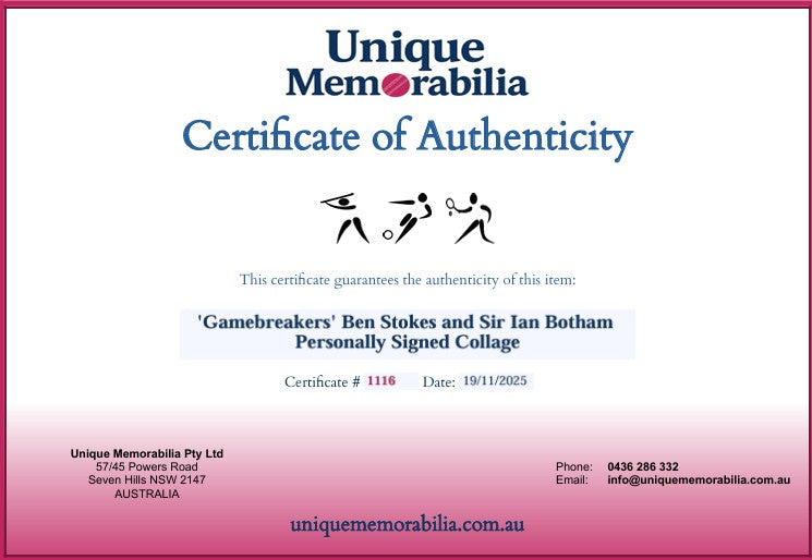 Load image into Gallery viewer, Certificate of Authenticity for &#39;Gamebreakers&#39; Ben Stokes and Sir Ian Botham Personally Signed Collage, from Unique Memorabilia. 

