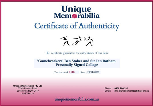 Certificate of Authenticity for 'Gamebreakers' Ben Stokes and Sir Ian Botham Personally Signed Collage, from Unique Memorabilia. 