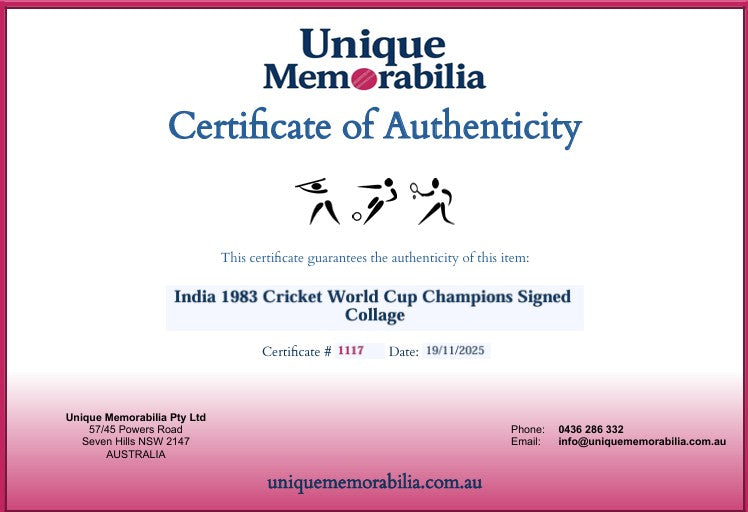 Load image into Gallery viewer, Certificate of Authenticity for India 1983 Cricket World Cup Champions Signed Collage, from Unique Memorabilia. 
