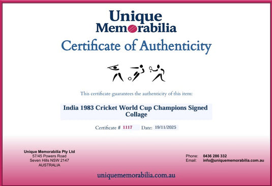 Certificate of Authenticity for India 1983 Cricket World Cup Champions Signed Collage, from Unique Memorabilia. 