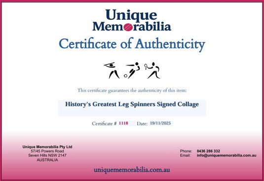 Certificate of Authenticity for History's Greatest Leg Spinners Signed Collage, from Unique Memorabilia. 