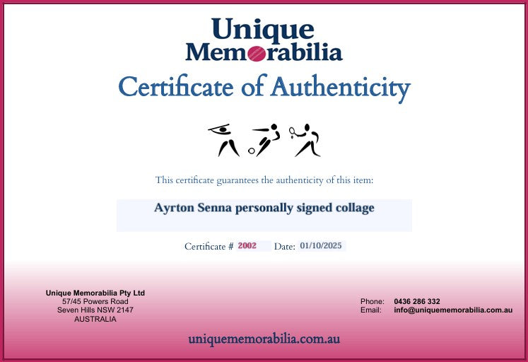Load image into Gallery viewer, Certificate of Authenticity for Ayrton Senna personally signed collage, from Unique Memorabilia.
