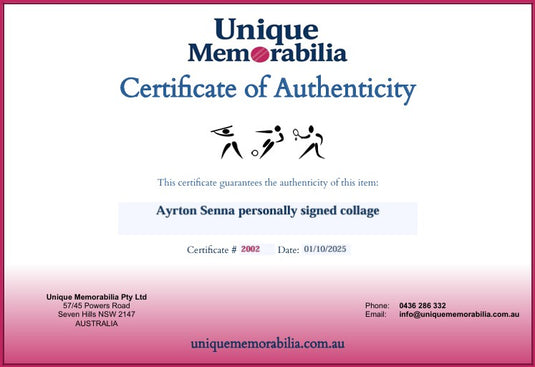 Certificate of Authenticity for Ayrton Senna personally signed collage, from Unique Memorabilia.