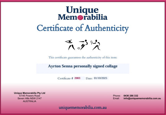 Certificate of Authenticity for Ayrton Senna personally signed collage, from Unique Memorabilia.