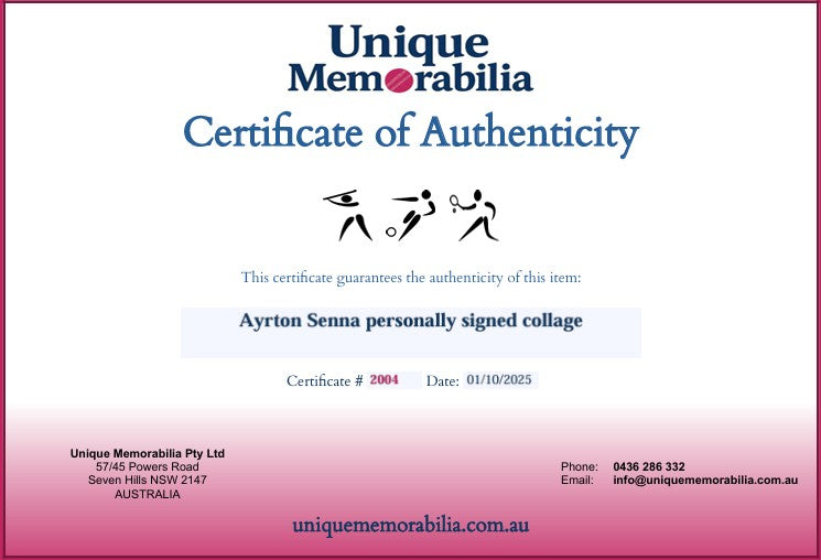 Load image into Gallery viewer, Certificate of Authenticity for Ayrton Senna personally signed collage, from Unique Memorabilia.

