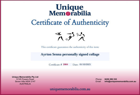 Certificate of Authenticity for Ayrton Senna personally signed collage, from Unique Memorabilia.