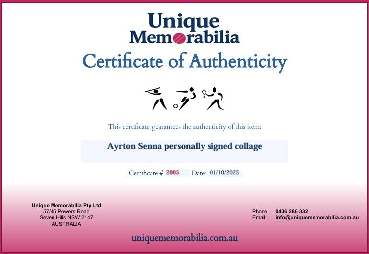 Load image into Gallery viewer, Certificate of Authenticity for Ayrton Senna personally signed collage, from Unique Memorabilia. 
