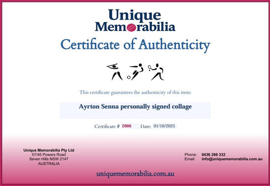 Certificate of Authenticity for Ayrton Senna personally signed collage, from Unique Memorabilia.