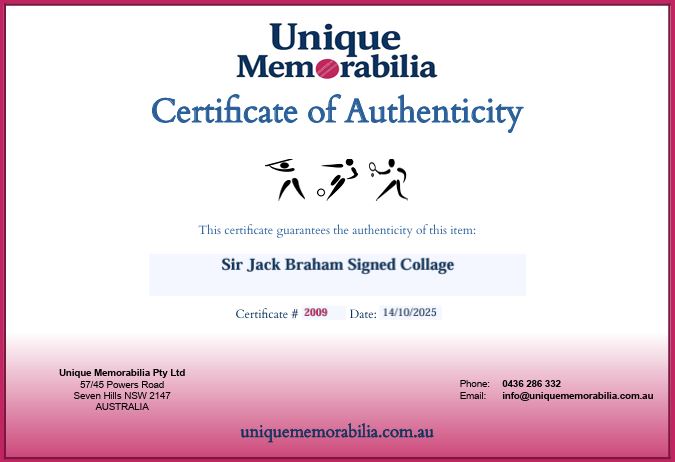 Load image into Gallery viewer, Certificate of Authenticity for Sir Jack Brabham Personally Signed Collage, from Unique Memorabilia. 
