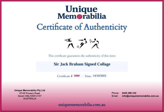 Certificate of Authenticity for Sir Jack Brabham Personally Signed Collage, from Unique Memorabilia. 