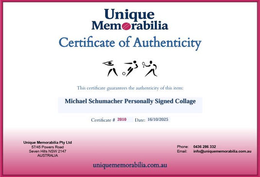 Certificate of Authenticity for Michael Schumacher Personally Signed Collage, from Unique Memorabilia. 