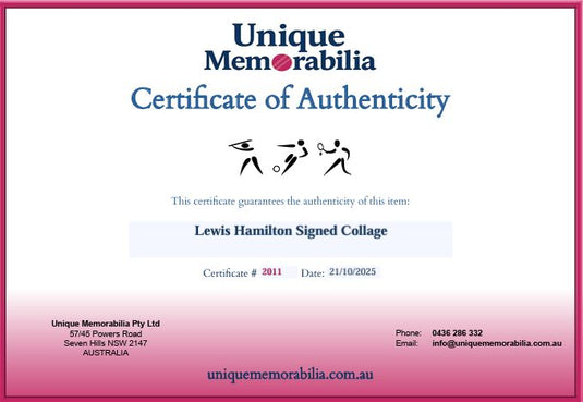 Certificate of Authenticity for Lewis Hamilton Signed Collage, from Unique Memorabilia. 