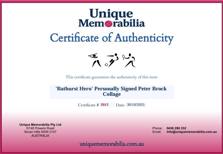 Load image into Gallery viewer, Certificate of Authenticity for &#39;Bathurst Hero&#39; Personally Signed Peter Brock Collage, from Unique Memorabilia. 
