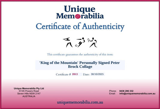 Certificate of Authenticity for 'King of the Mountain' Personally Signed Peter Brock Collage, from Unique Memorabilia. 