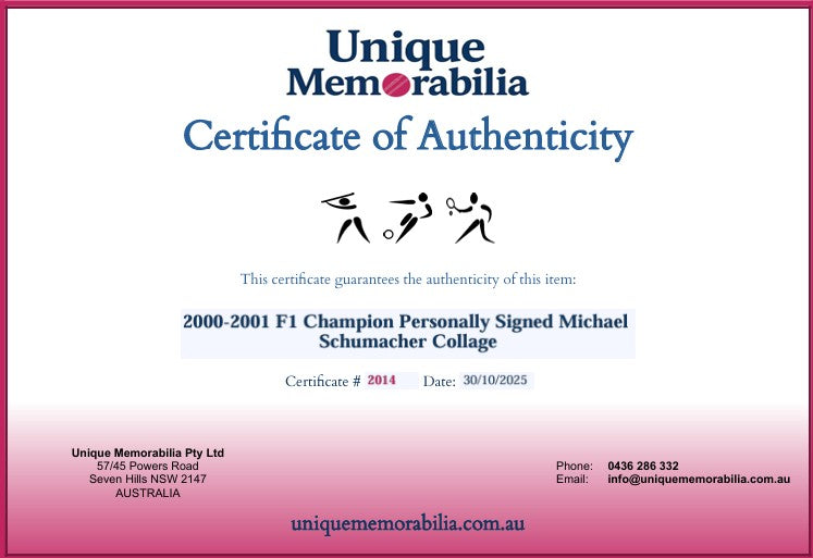 Load image into Gallery viewer, Certificate of Authenticity for 2000-2001 F1 Champion Personally Signed Michael Schumacher Collage, from Unique Memorabilia. 
