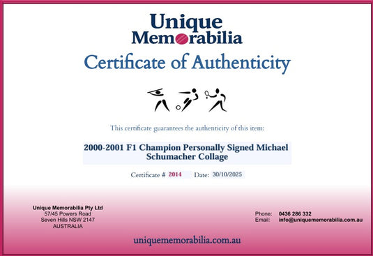 Certificate of Authenticity for 2000-2001 F1 Champion Personally Signed Michael Schumacher Collage, from Unique Memorabilia. 