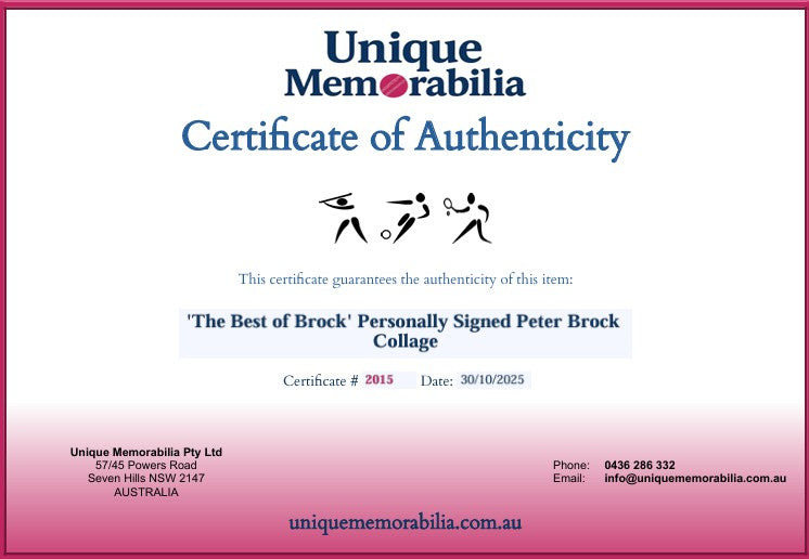 Load image into Gallery viewer, Certificate of Authenticity for &#39;The Best of Brock&#39; Personally Signed Peter Brock Collage, from Unique Memorabilia. 
