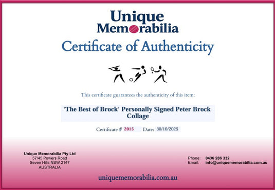 Certificate of Authenticity for 'The Best of Brock' Personally Signed Peter Brock Collage, from Unique Memorabilia. 