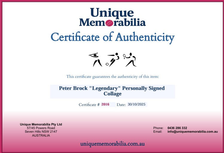 Load image into Gallery viewer, Certificate of Authenticity for Peter Brock &quot;Legendary&quot; Personally Signed Collage, from Unique Memorabilia. 
