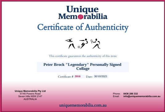 Certificate of Authenticity for Peter Brock "Legendary" Personally Signed Collage, from Unique Memorabilia. 