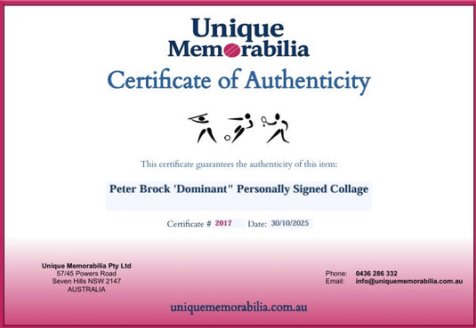 Certificate of Authenticity for Peter Brock 'Dominant" Personally Signed Collage, from Unique Memorabilia. 