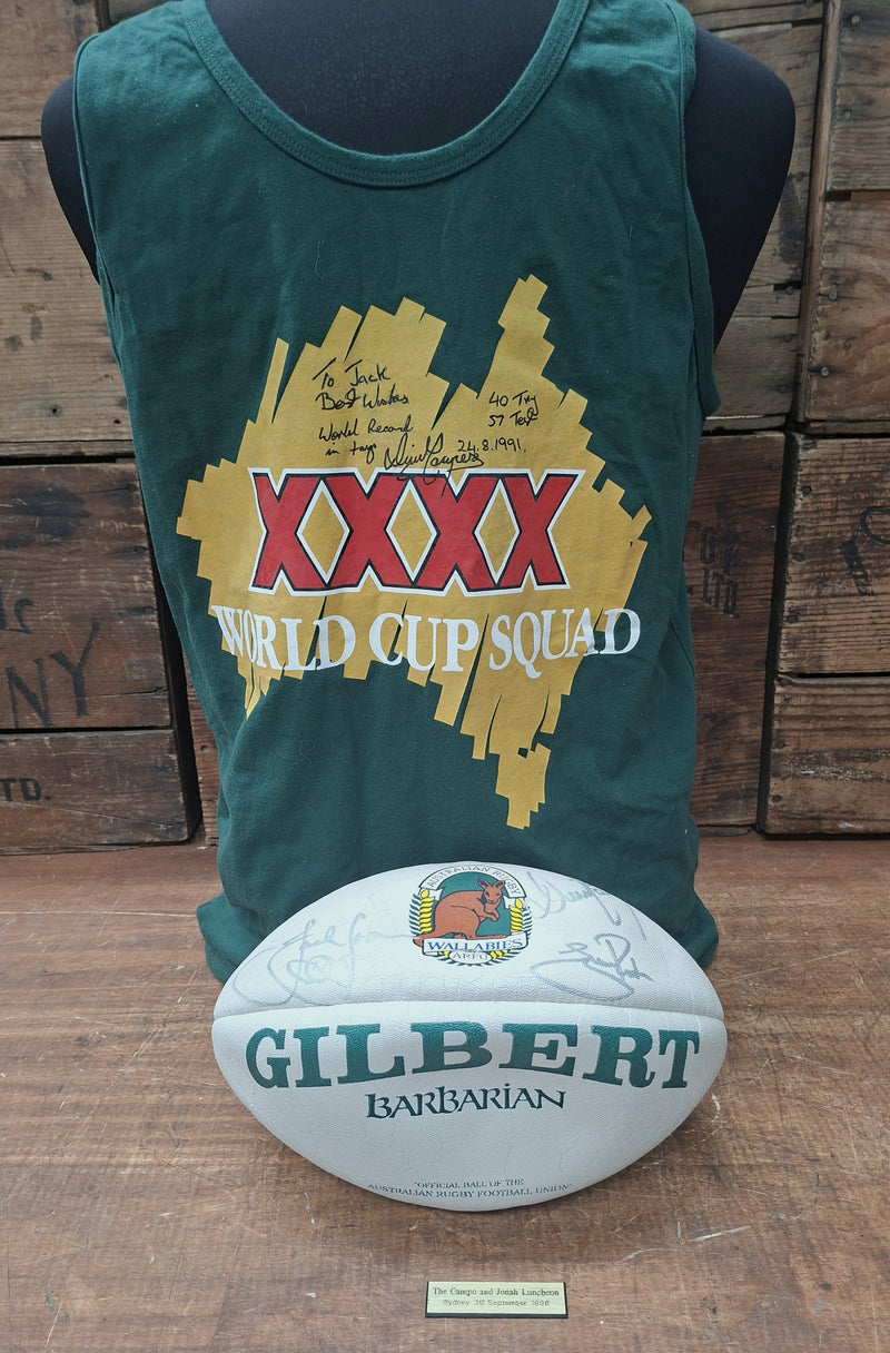 Load image into Gallery viewer, Jonah Lomu &amp; David Campese Personally Signed Ball and DC Singlet
