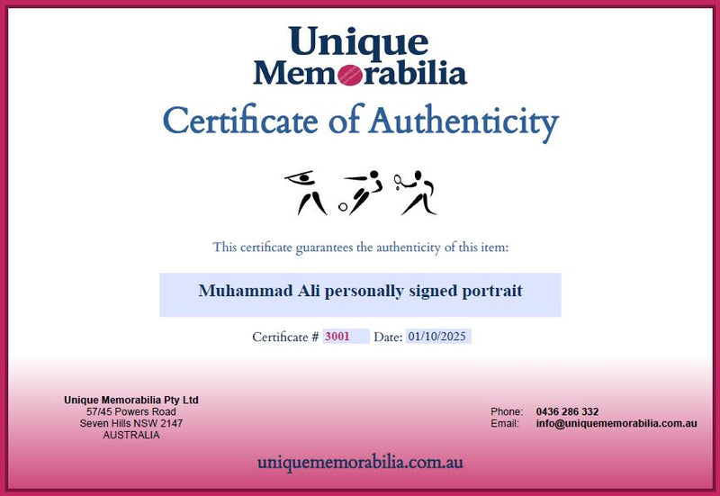 Load image into Gallery viewer, Certificate of Authenticity for Muhammad Ali Personally Signed Portrait, from Unique Memorabilia. 
