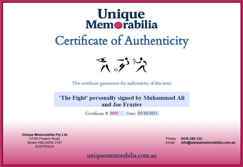 Load image into Gallery viewer, Certificate of Authenticity for &#39;The Fight&#39; Personally Signed by Muhammad Ali and Joe Frazier, from Unique Memorabilia. 
