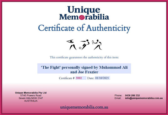 Certificate of Authenticity for 'The Fight' Personally Signed by Muhammad Ali and Joe Frazier, from Unique Memorabilia. 