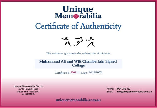 Certificate of Authenticity for Muhammad Ali and Wilt Chamberlain Signed Collage, from Unique Memorabilia. 