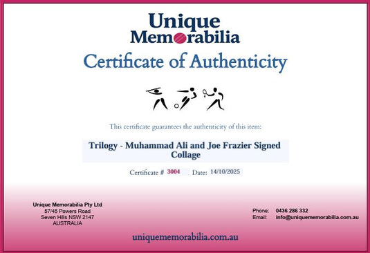 Certificate of Authenticity for 'Trilogy' Muhammed Ali and Joe Frazier Signed Collage, From Unique Memorabilia. 