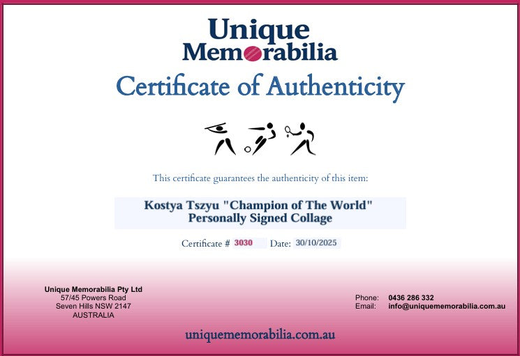 Load image into Gallery viewer, Certificate of Authenticity for Kostya Tszyu &quot;Champion of The World&quot; Personally Signed Collage, from Unique Memorabilia. 
