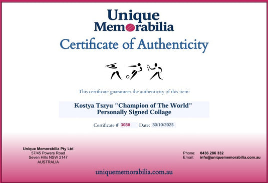 Certificate of Authenticity for Kostya Tszyu "Champion of The World" Personally Signed Collage, from Unique Memorabilia. 