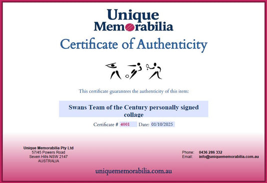 Certificate of Authenticity for Sydney Swans Team of the Century Personally Signed Collage, from Unique Memorabilia. 