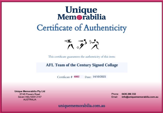 Load image into Gallery viewer, Certificate of Authenticity for AFL Team of the Century Signed Collage, from Unique Memorabilia!
