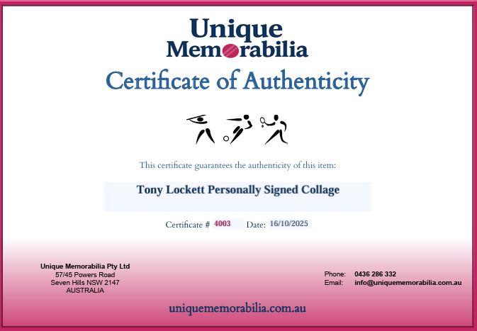 Load image into Gallery viewer, Certificate of Authenticity for Tony Lockett Personally Signed &#39;1300&#39; Collage, from Unique Memorabilia. 
