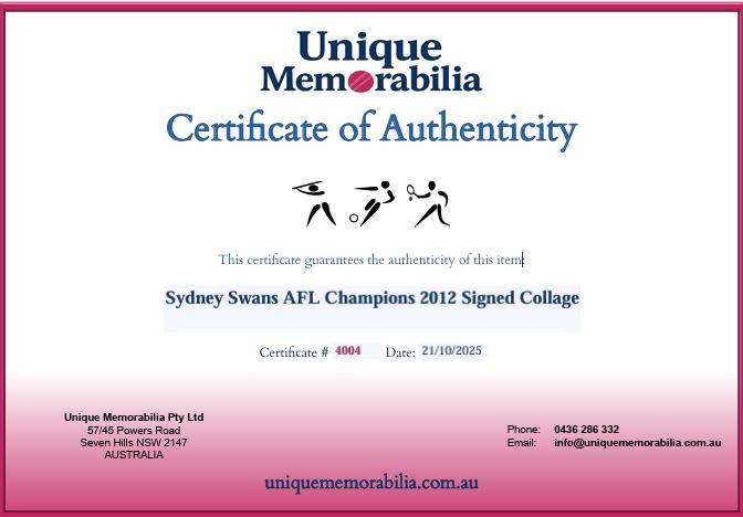 Load image into Gallery viewer, Certificate of Authenticity for Sydney Swans AFL Champions 2012 Signed Piece, from Unique Memorabilia. 
