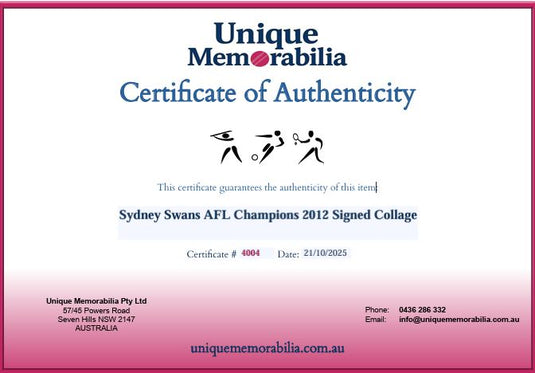Certificate of Authenticity for Sydney Swans AFL Champions 2012 Signed Piece, from Unique Memorabilia. 