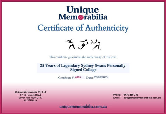 Certificate of Authenticity for 25 Years of Legendary Swans Personally Signed Collage, from Unique Memorabilia. 