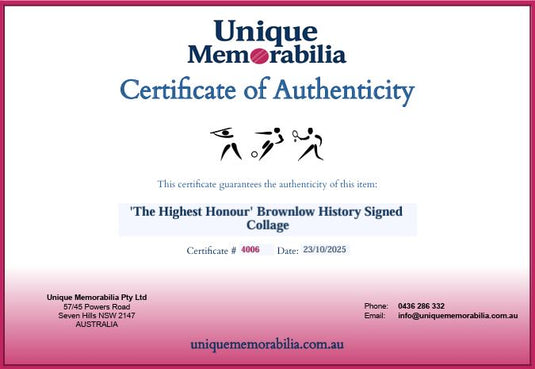 Certificate of Authenticity for 'The Highest Honour' Personally Signed Brownlow Winners from 1924-2014, from Unique Memorabilia. 