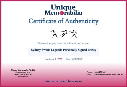 Certificate of Authenticity for Sydney Swans Brownlow Medallists Personally Signed Jersey