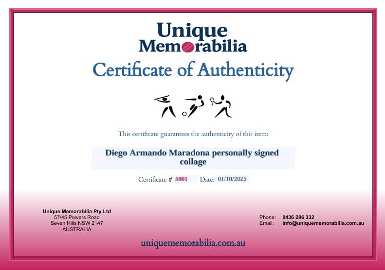Load image into Gallery viewer, Certificate of Authenticity for a Diego Armando Maradona personally signed collage by Unique Memorabilia.
