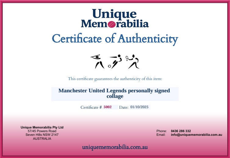 Load image into Gallery viewer, Certificate of Authenticity for Manchester United Legends personally signed collectible from Unique Memorabilia.
