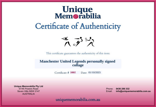 Certificate of Authenticity for Manchester United Legends personally signed collectible from Unique Memorabilia.